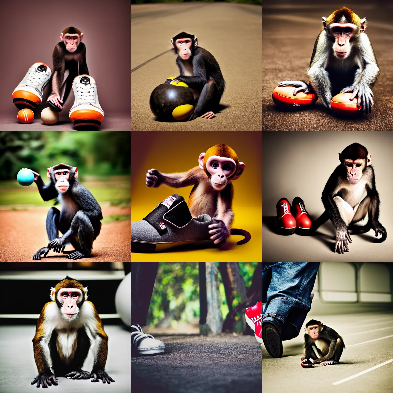 Prompt: dslr photography of a monkey wearing oversized bowling shoes, nature photography, cinematic, studio portrait