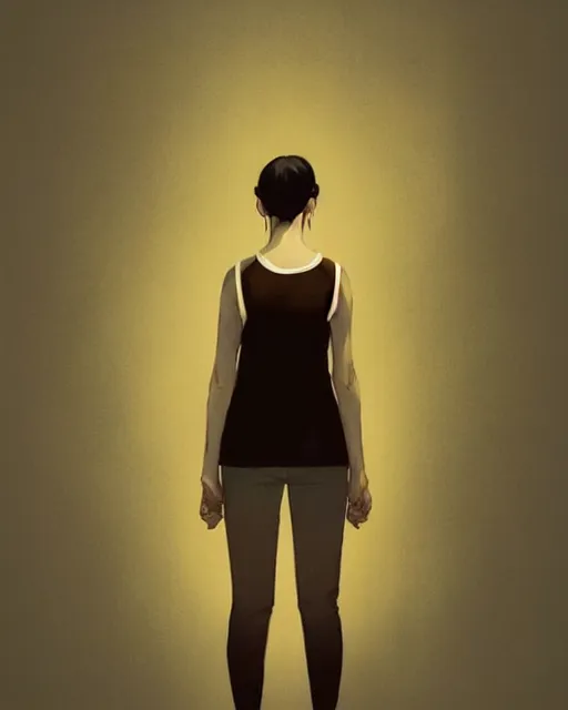 Image similar to cottagecore hyper - realistic portrait of a woman in black sleeveless t - shirt, black hair, by atey ghailan, by greg rutkowski, by greg tocchini, by james gilleard, by joe fenton, by kaethe butcher, dynamic lighting, gradient light yellow, brown, blonde cream and white color scheme, grunge aesthetic