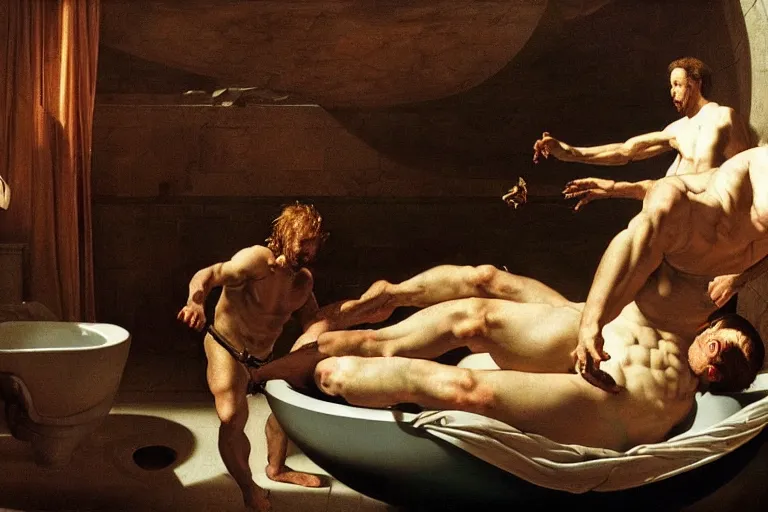 Image similar to hyperrealism aesthetic ridley scott and caravaggio style photography of detailed giant peeing in detailed ultra huge toilet bowl in surreal scene from detailed art house movie in style of denis villeneuve and wes anderson