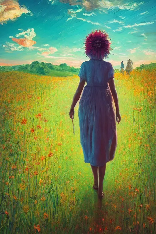 Image similar to giant corn flower head, girl walking in a green valley, surreal photography, sunrise, dramatic light, impressionist painting, colorful clouds, digital painting, artstation, simon stalenhag