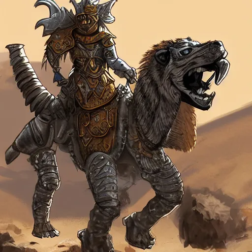 Image similar to Gnoll, metal armor, lance, riding a camel, D&D, fantasy, digital art