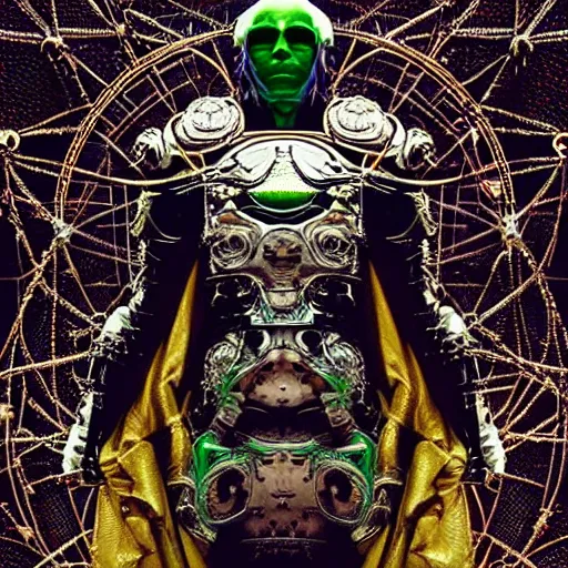 Image similar to symmetric frame of dr doom from Prometheus movie, cyborg dr doom in ornate armour, byguo pei and alexander mcqueen metal couture editorial, eldritch epic monumental attack by beksinski by Yuko Shimizu