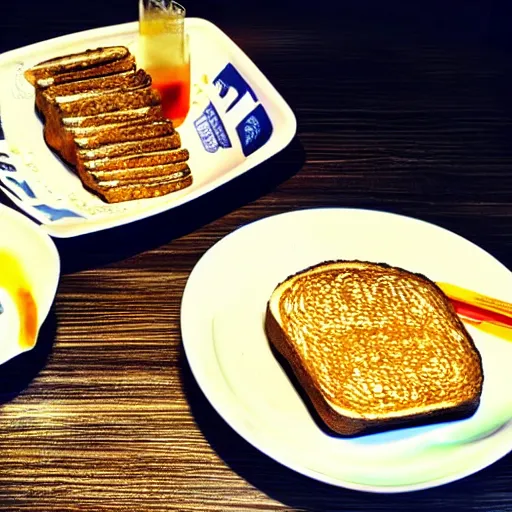 Prompt: peanut butter toast with indomie mi goreng noodles sandwich tower, wide angle lense, cyberpunk bar food, dark neon glow, photo realistic, gourmet