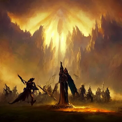 Prompt: a glowing holy light attack from the sky, warriors on the ground, hearthstone art style, epic fantasy style art by Craig Mullins, fantasy epic digital art, epic fantasy card game art by Greg Rutkowski