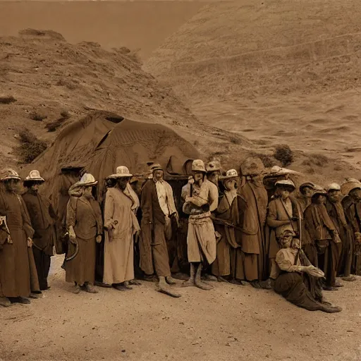 Image similar to ultra detailed photorealistic sepia - toned photo from 1 9 1 7, 5 clean - shaven british soldiers standing with bedouin traders in traditional arab garb, at an archaeological dig site in wadi rum, ultra realistic, painted, intricate details, lovecraft, atmospheric, dark, horror, brooding, highly detailed, by clyde caldwell