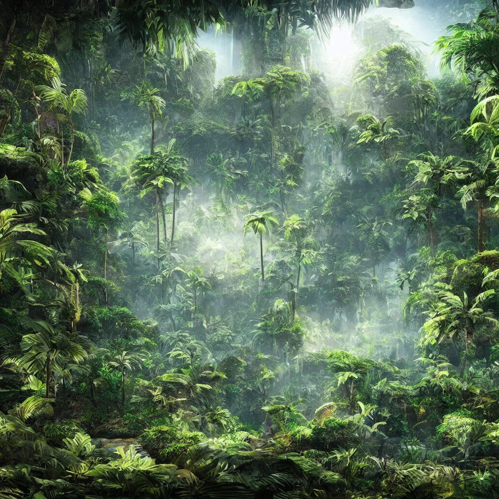 Image similar to Epic artwork of a luxurious jungle with a quantum computer in the middle of it, backlit photorealistic render, cycles render