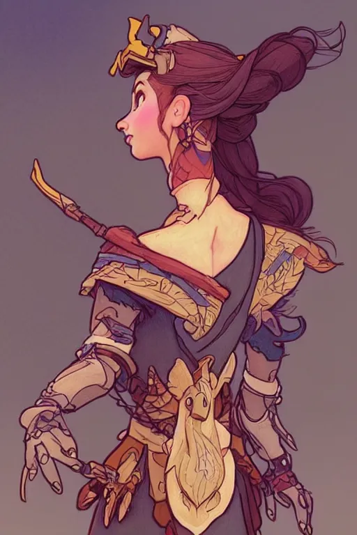 Image similar to pencil spot illustrations of various disney characters combined with a horizon zero dawn 2 aesthetic, d & d, fantasy, intricate, elegant, highly detailed, digital painting, artstation, concept art, matte, sharp focus, illustration, hearthstone, art by bridgeman and artgerm and greg rutkowski and alphonse mucha and ruan jia and conrad roset