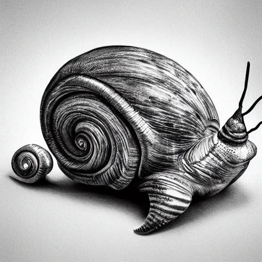 Image similar to goth snail, black and white, realistic, highly detailed, trending on artstation