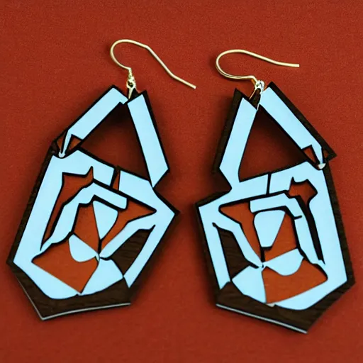 Prompt: lasercut segmented 2d wood earrings, graphic designs from the English Beat