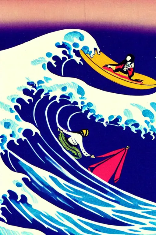 Image similar to a award winning photograph of an astronaut surfing the great wave off kanagawa on a purple surboard