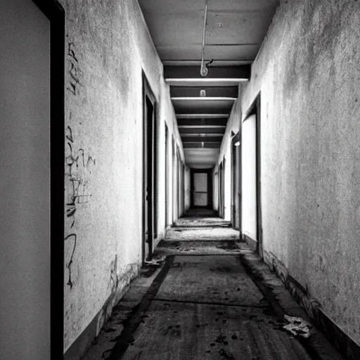 Image similar to abandoned school hallway, eerie grey lighting, floating shadow figure at the end in the distance, creepy, disturbing