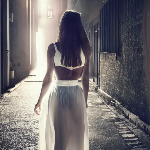 Image similar to a girl in a white dress, holding a lantern, dramatic lighting, walking through a dark alleyway surrounded by tall buildings, 8k, trending on artstation, drawn by wlop