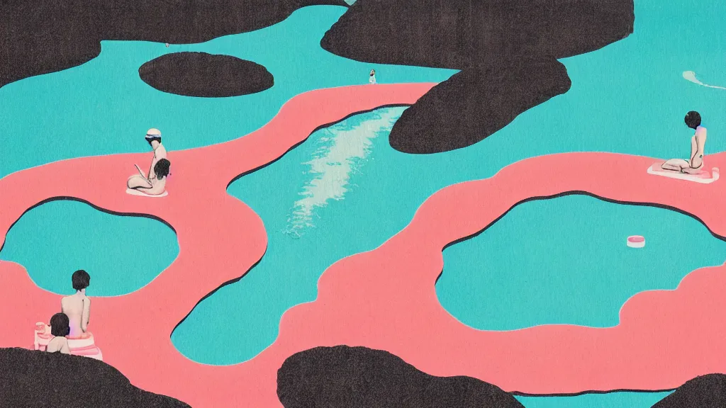 Image similar to japan natural hot spring, a collage painting, in the style of wes anderson, lola dupre, david hockney, isolated on negative space background dark monochrome neon spraypaint accents volumetric octane render