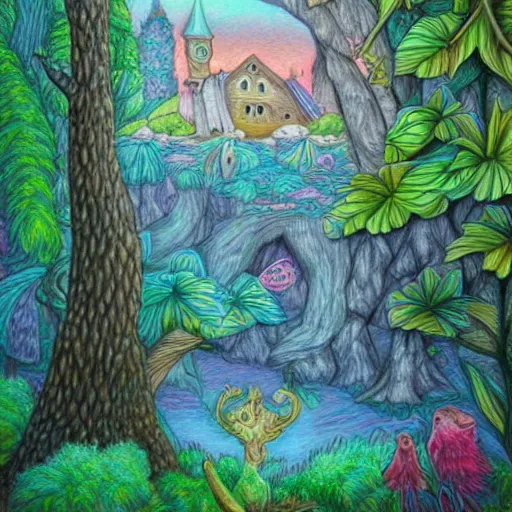 Image similar to Colored pencil art on paper, highly detailed, artstation, People, Plants and Trees, Animals, Magical Creatures, buildings, scenery, enchanted landscapes, PrismaColor