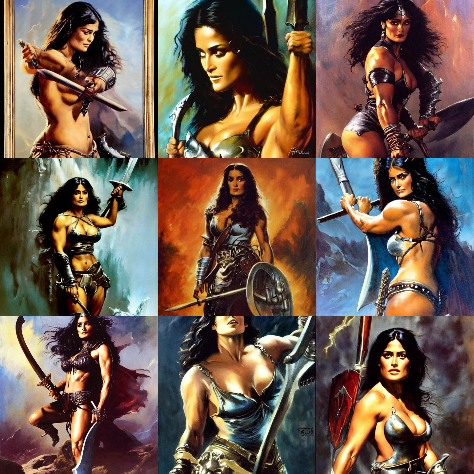 Prompt: a frank frazetta oil painting of a beautiful muscular salma hayek wearing silvery armor holding a large battle axe, dynamic shot, hd 4 k, intricate, highly detailed, atmospheric, sharp