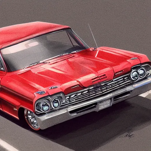 Prompt: concept art, 1 9 6 4 red impala lowrider, 8 k, by james gurney, greg rutkowski, john howe, artstation