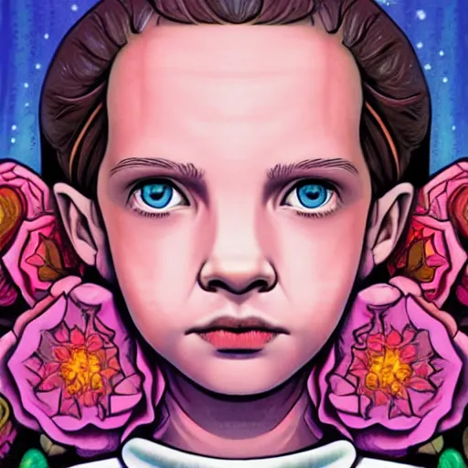 Prompt: portrait of beautiful eleven from stranger things by jeremiah ketner, detailed, flowers