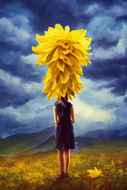 Image similar to closeup girl with giant yellow dahlia flower head, standing on mountain, surreal photography, blue storm clouds, dramatic light, impressionist painting, digital painting, artstation, simon stalenhag