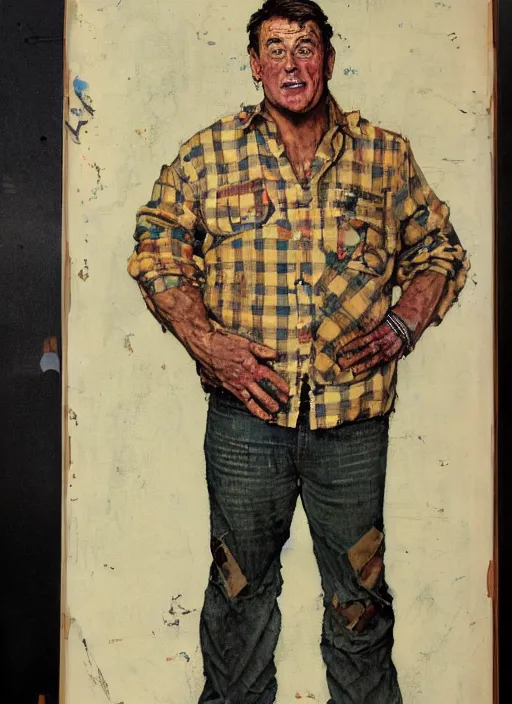 Image similar to full body and head portrait of huge Paul Dillett in tattered shirt and pants, painted by norman rockwell and greg staples and tom lovell and frank schoonover and jack kirby