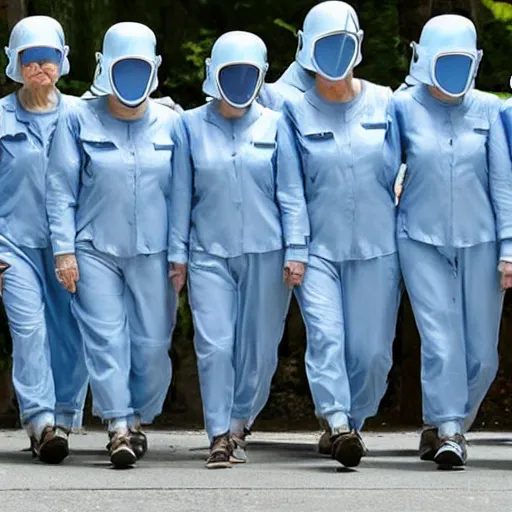 Prompt: troop of 1 2 0 - year - old grannies with white bob hairdos, tight light blue neopren pilot suits, futuristic cloning facility, sci - fi, highly detailed, cinematic