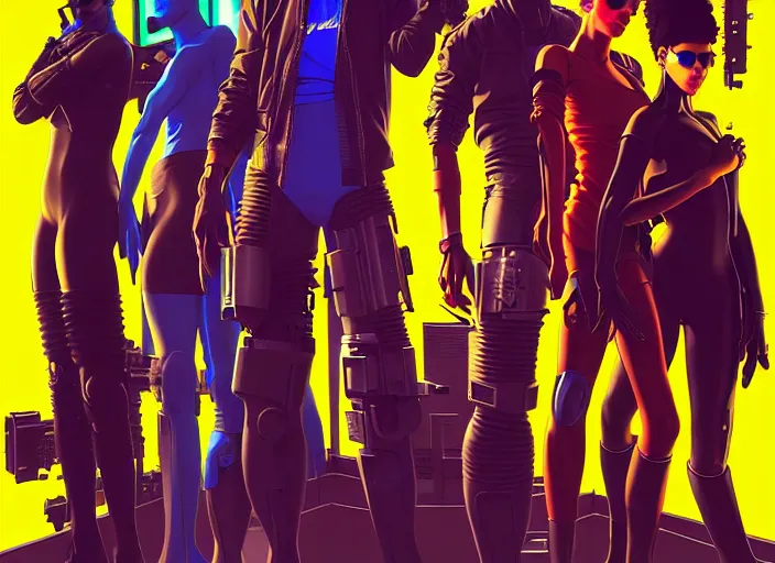 Image similar to cyberpunk hacker crew. portrait by stonehouse and mœbius and will eisner and gil elvgren and pixar. character design. realistic proportions. cyberpunk 2 0 7 7 character art, blade runner 2 0 4 9 concept art. cel shading. attractive face. thick lines. the team. diverse characters. artstationhq.