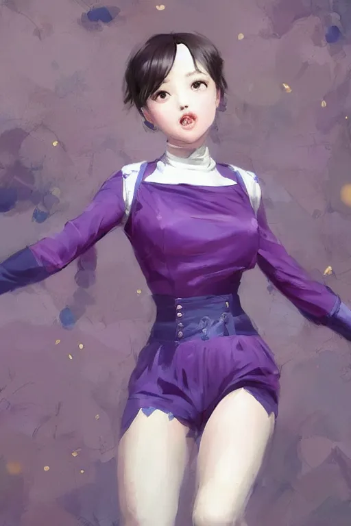 Prompt: Full View of Eunha from Viviz and gFriend making a cute face with short hair wearing a purple military uniform and short puffy pants, white leggings, Golden Ribbon, and a billowy scarf. Rhythmic gymnastics poses. masterpiece 4k digital illustration by Ruan Jia and Mandy Jurgens and Artgerm and greg rutkowski, award winning, Artstation, art nouveau aesthetic, Alphonse Mucha background, intricate details, realistic, panoramic view, Hyperdetailed, 8k resolution, intricate art nouveau