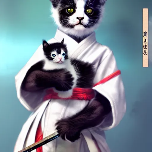 Prompt: cute kitten with panda body and cat face, in a kimono, holds a sword, by greg rutkowski, highly detailed, 4 k