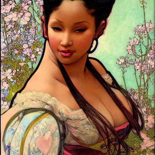 Image similar to romantic painted portrait of nicki minaj by james jean, mucha, andrew loomis, masterpiece