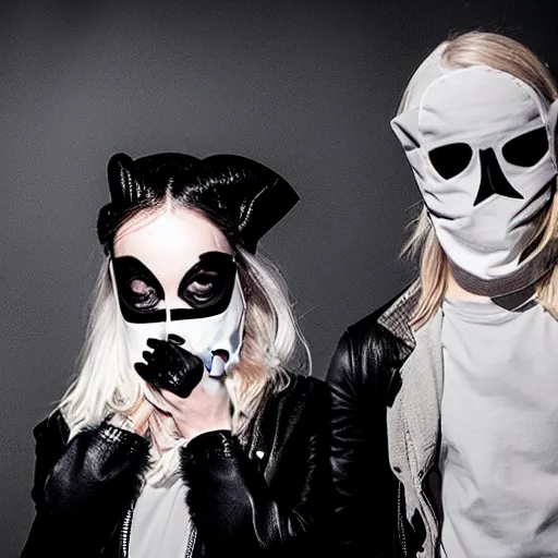 Prompt: a photo of a man and a woman performing darkwave music, clothes by rick owens and faces covered by masks, short blond hair