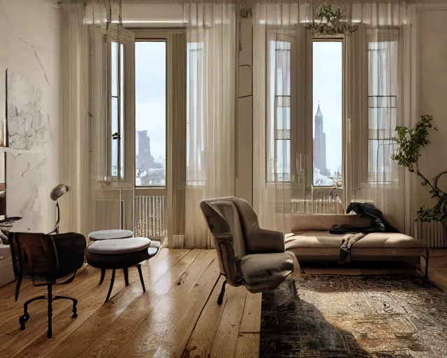 Prompt: a beautiful minimalist apartment with and antique furniture with a view of the city, interior design, architecture, key lighting, soft lights, by steve hanks, by edgar maxence, by caravaggio, by michael whelan, by delacroix, by serov valentin, by tarkovsky, 8 k render, detailed, oil on canvas