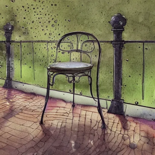 Image similar to delicate rain, toad, chairs, garden, paved, botanic watercolors, iridescent, 8 k, realistic shaded, fine details, artstation, italian, iron gate, tree, mediterranean