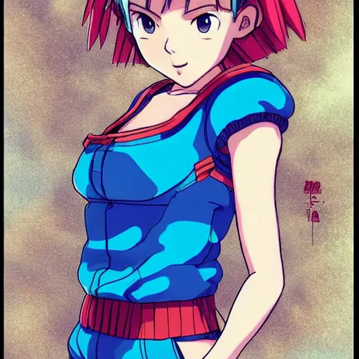 Image similar to a beautiful! boyish! natalie portman as bulma alluring gravure! model, wearing hip hop mayan bomber jacket and leotard with native style overalls, bulky poofy bomber jacket with mayan patterns, guilty gear art style, trending on pixiv, painted by makoto shinkai takashi takeuchi studio ghibli, akihiko yoshida