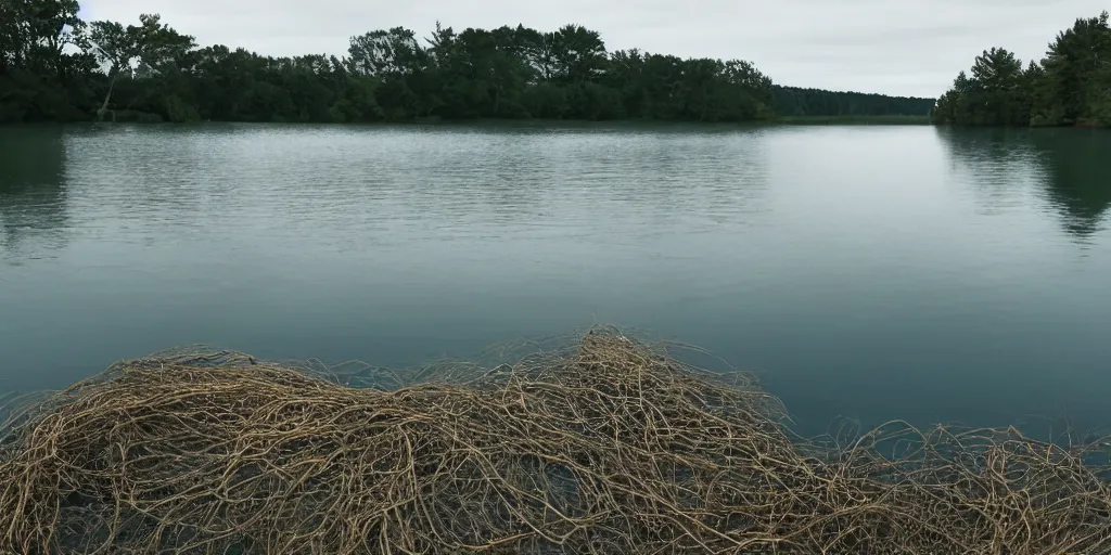 Prompt: centered photograph of a single thick rope winding across the surface of the water into the distance, floating submerged rope stretching out towards the center of the lake, a dark lake on a cloudy day, color film, a shore in foreground and trees in the background, hyper - detailed photo, anamorphic lens