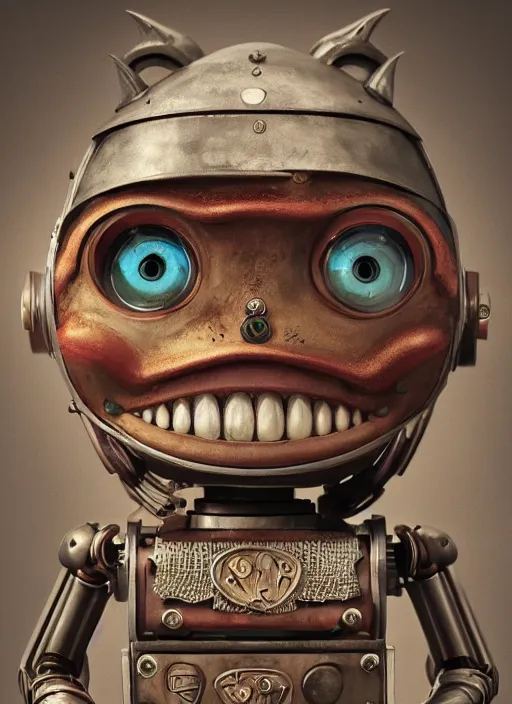 Prompt: closeup portrait of tin toy robot goblin trap, depth of field, zeiss lens, detailed, symmetrical, centered, fashion photoshoot, by nicoletta ceccoli, mark ryden, lostfish, breathtaking, 8 k resolution, extremely detailed, beautiful, establishing shot, artistic, hyperrealistic, octane render