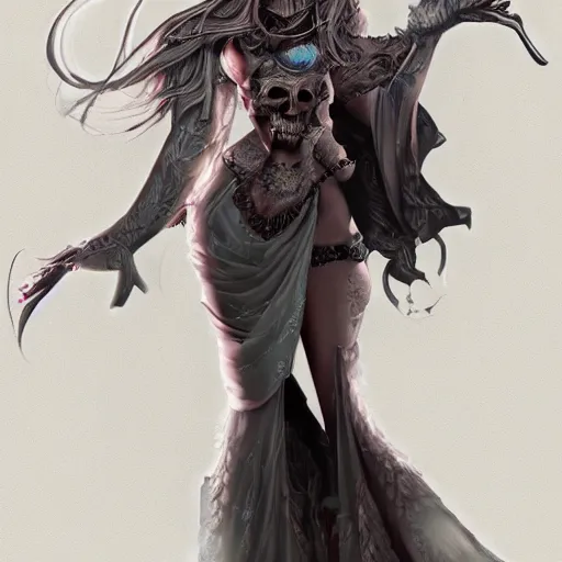 Image similar to a beautiful feminine necromancer raising the dead, illustration, skulls, character design by nixeu, artstation, 2 d cg