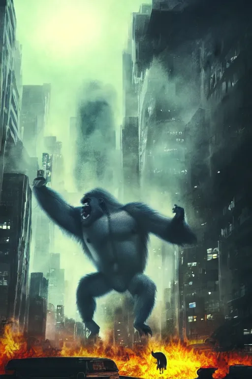 Prompt: concept art of huge gorilla be gorilla on burning tokyo city, cinematic composition, perfect lighting, art station trending