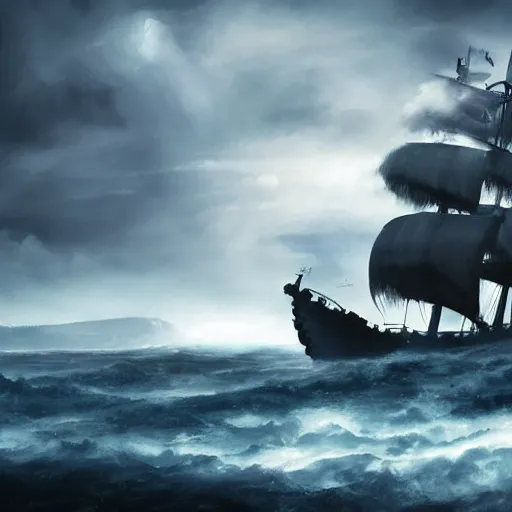 Image similar to large lonely old pirate ship drifting amongst the clouds and fog with heavy dark storm beautiful Concept art