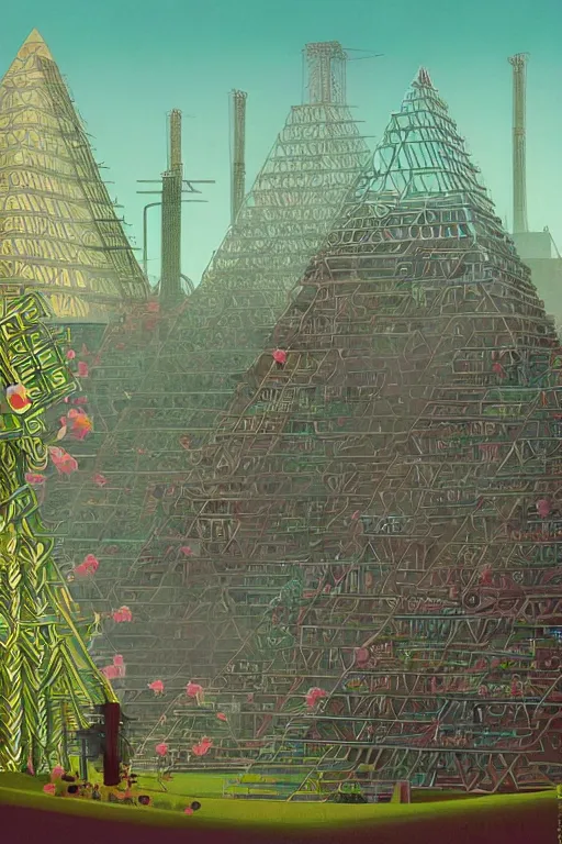 Image similar to giant cyber - punk factory with ancient pyramids and blooming flowers by helen lundeberg