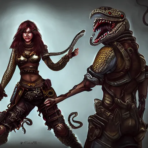 Prompt: snake-face female guard, a snake-head female assassin,a snake-head female assassin, a snake-head female guard, snake head, snake head, snake head, snake head, fangs, snake head, epic fantasy digital art, fantasy style art, fantasy hearthstone art style