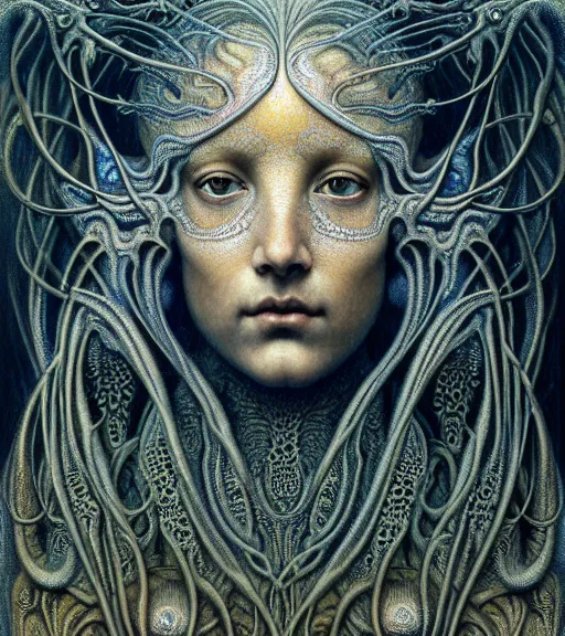 Image similar to detailed realistic beautiful amber goddess face portrait by jean delville, gustave dore, iris van herpen and marco mazzoni, art forms of nature by ernst haeckel, art nouveau, symbolist, visionary, gothic, neo - gothic, pre - raphaelite, fractal lace, intricate alien botanicals, biodiversity, surreality, hyperdetailed ultrasharp octane render