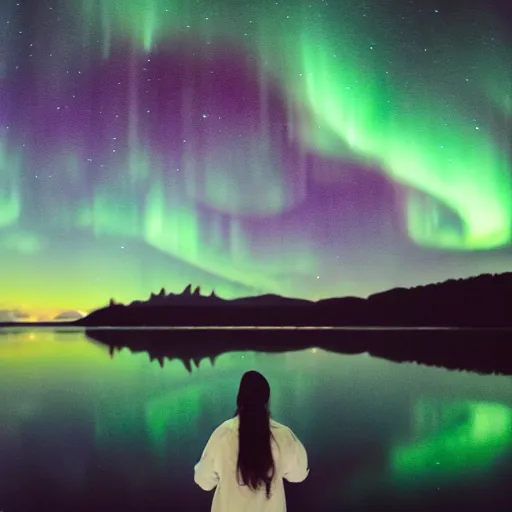 Image similar to a photo of a girl standing in a lake looking at the entire universe, ethereal, aurora borealis