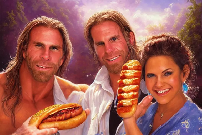 Image similar to portrait of wwf shawn michaels and queen elizabth ii sharing hotdogs, an oil painting by ross tran and thomas kincade