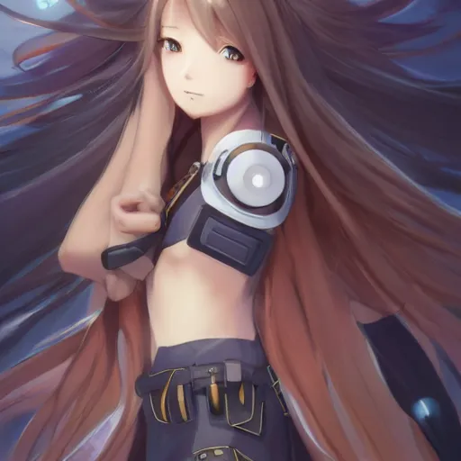 Image similar to full body of girl with jet engine as legs, anime style, long hair, hair down, symmetrical facial features, from arknights, hyper realistic, 4 k, rule of thirds, extreme detail, detailed drawing, trending artstation, hd, half cyborg, d & d, realistic lighting, by alphonse mucha, greg rutkowski, sharp focus, backlit