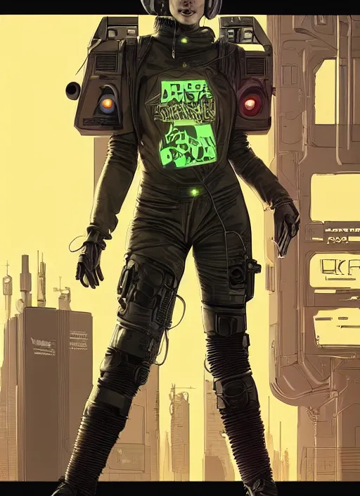 Image similar to Feminist Maria. Gorgeous female cyberpunk hacker wearing a cyberpunk headset, military vest, and jumpsuit. gorgeous face. Realistic Proportions. Concept art by James Gurney and Laurie Greasley. Moody Industrial skyline. ArtstationHQ. Creative character design for cyberpunk 2077.