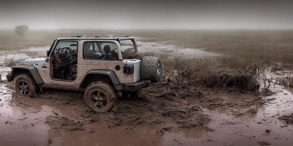 Image similar to a muddy 1997 hardtop white Jeep Wrangler drowning in quicksand, digital art, beautiful iridescent fog swallows the dirty swamp, gritty, cinematic, extraordinary colorful landscape, photorealistic, soft vintage glow