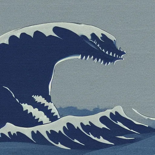 Image similar to a blue water wave in the silhouette shape of Godzilla, cartoon drawing