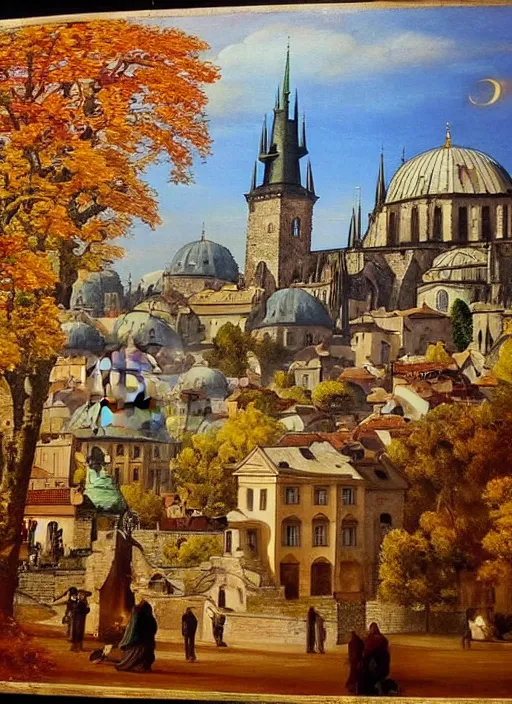 Image similar to old master painting of beautiful shot of Royal medieval European city like Prague mixed with Istanbul like Islamic architecture with greenery all around , autumn colors