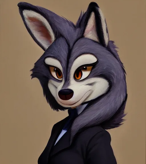 Prompt: oil painting headshot of anthromorphic female wolf, in style of zootopia, zootopia, zootopia, fursona, furry, furaffinity, 4 k, deviantart, furry art, fursona art, wearing black business suit, business suit, in style of zootopia, wolf fursona, cyberpunk, female, expressive detailed feminine face,