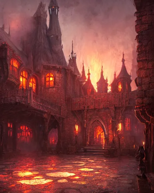 Image similar to robust fantasy castle courtyard burned to the groun, fiery ambient, uplifting mood, ultra realistic, sad, small buildings, highly detailed, epic lighting, illuminated, cinematic, morning, art by eddie mendoza