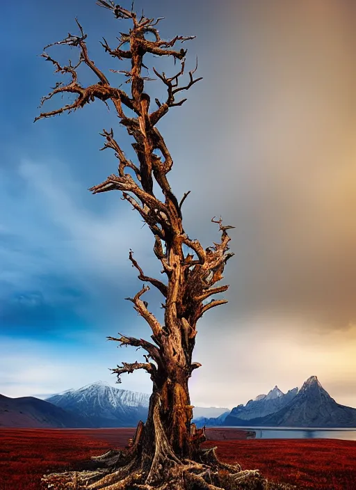 Image similar to landscape photography by marc adamus dead tree in the foreground mountains lake